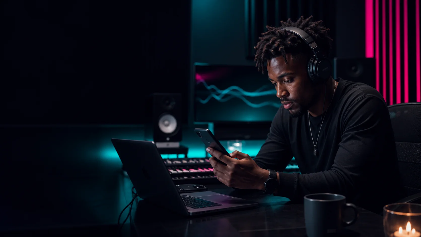 Musicista indipendente controlla una campagna streaming in uno studio moderno
